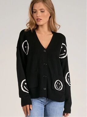 Elan Black V‑Neck Knit Cardigan with Smiley Faces